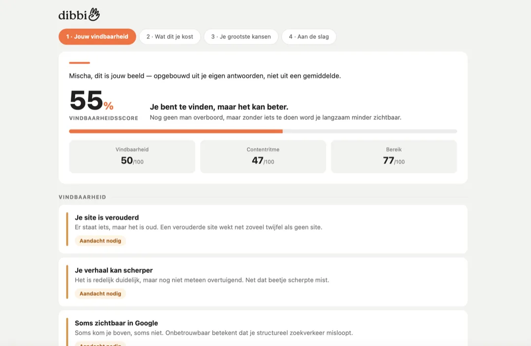 Voorbeeld van het scan-rapport met je score en aandachtspunten