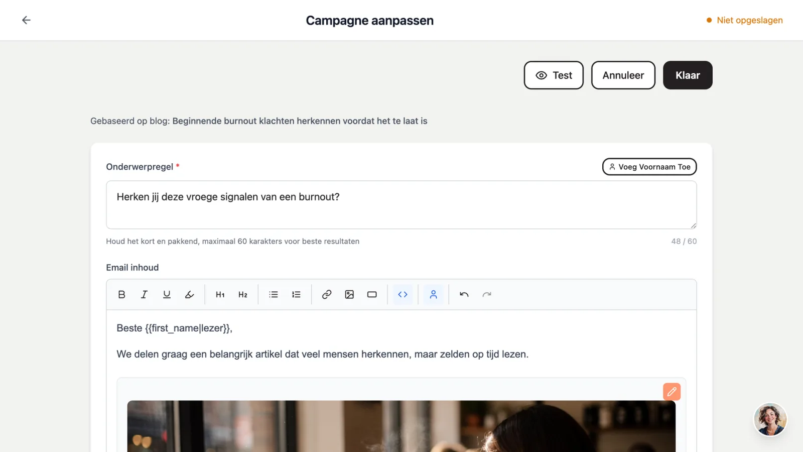 De gegenereerde e-mail nalezen en bewerken in dibbi