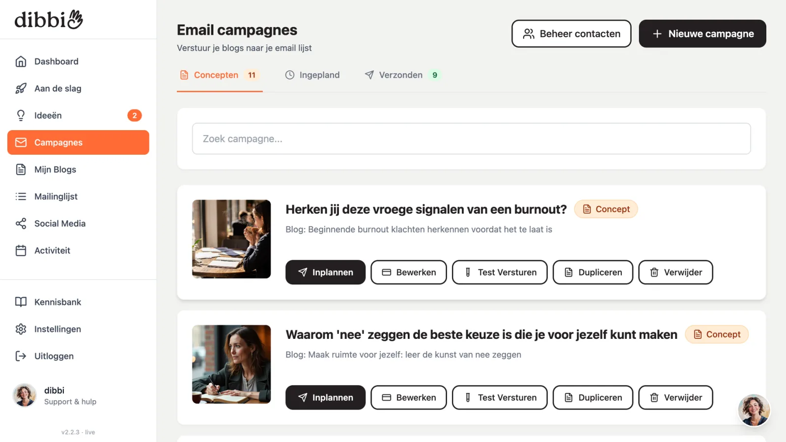 Je e-mail staat klaar als concept met de knop Inplannen