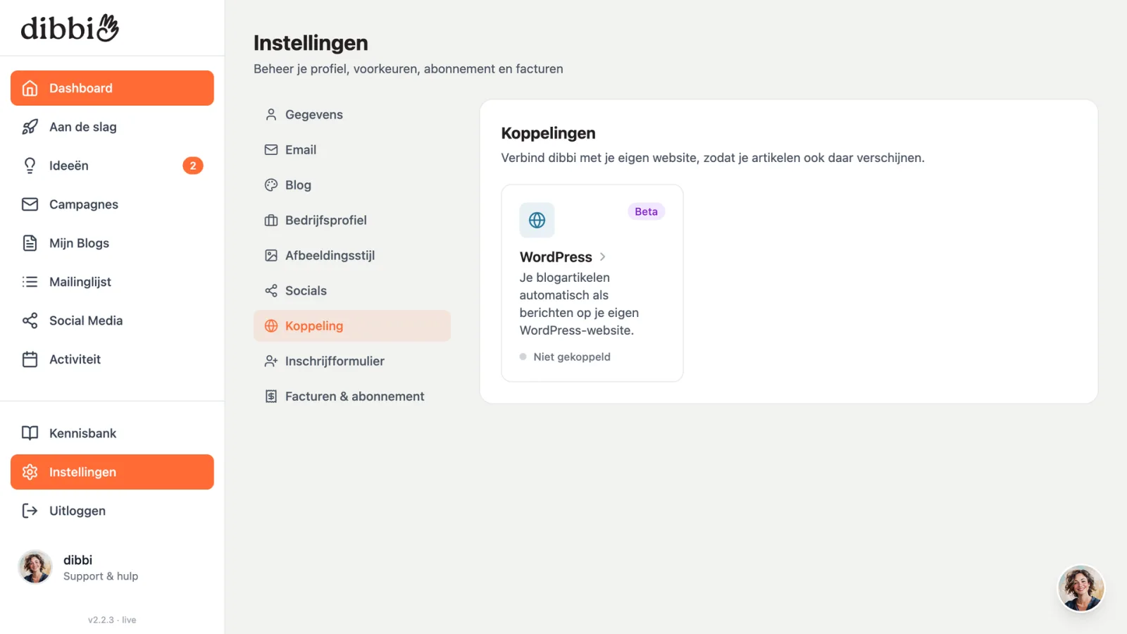Het tabblad Koppeling in dibbi met de WordPress-tegel