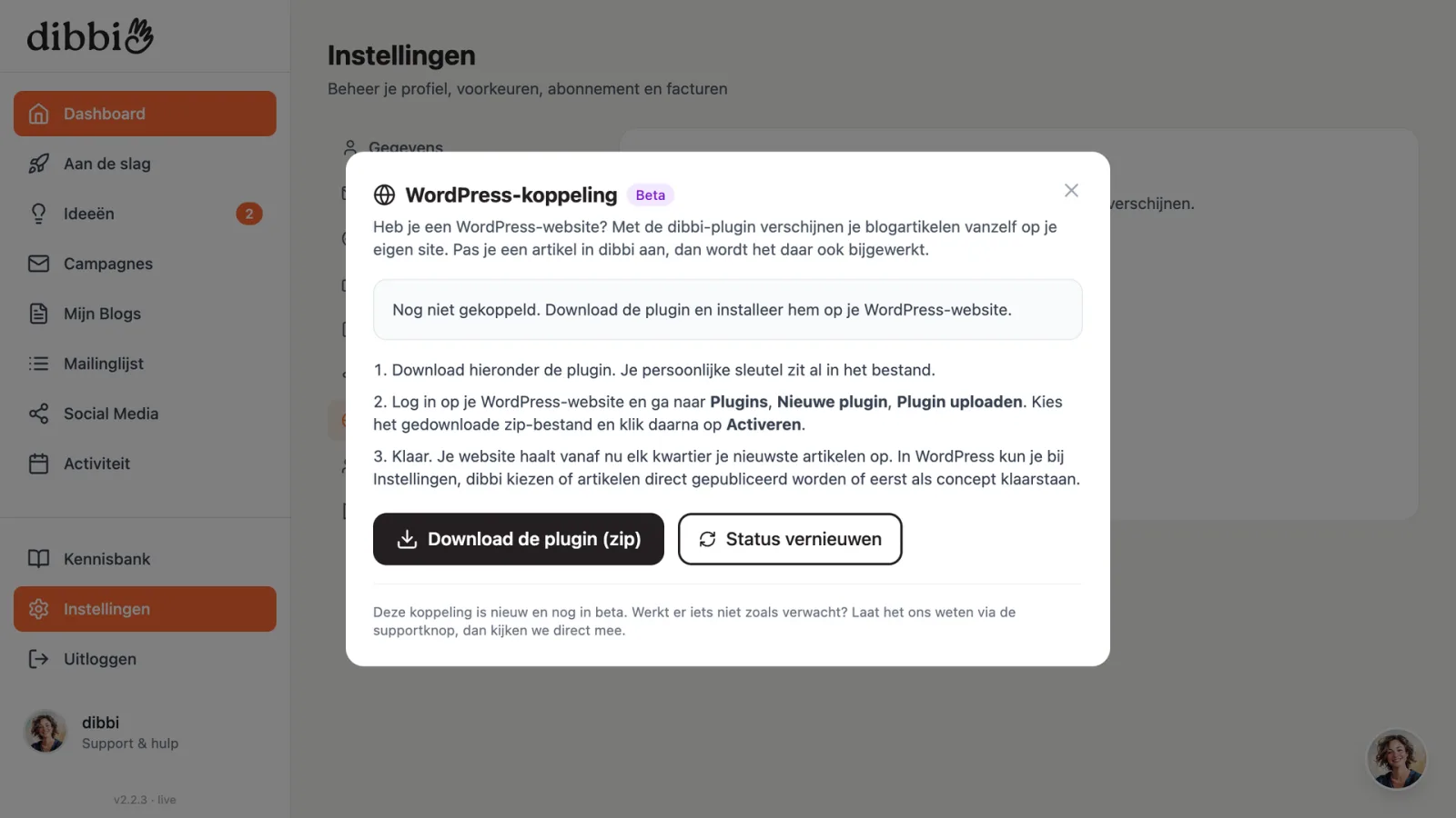 Het WordPress-venster in dibbi met de knop Download de plugin