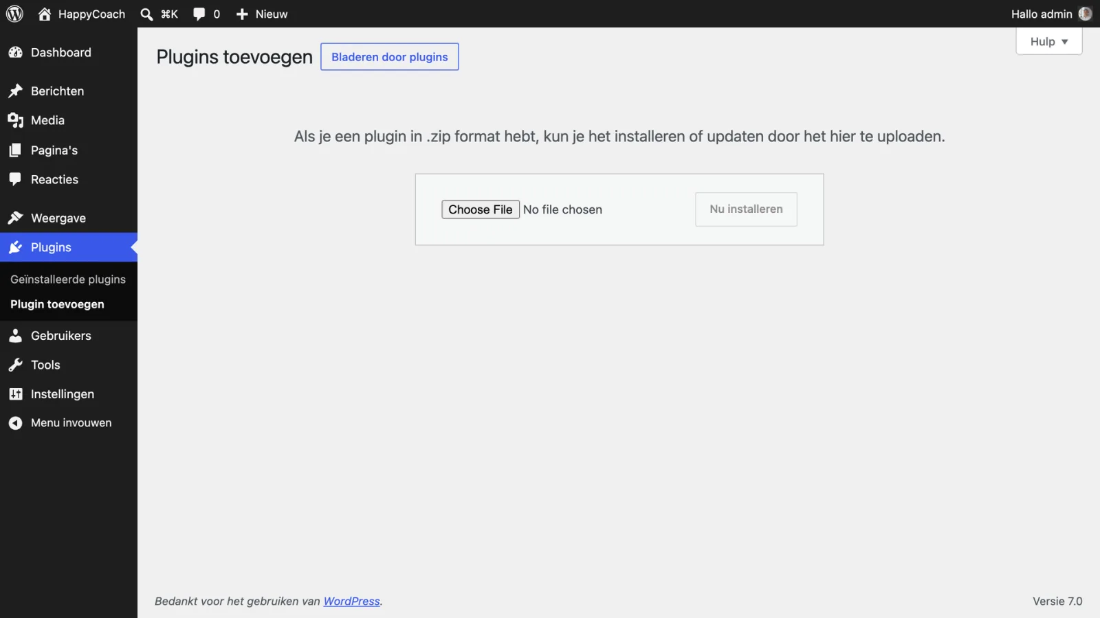Het uploadscherm voor plugins in WordPress