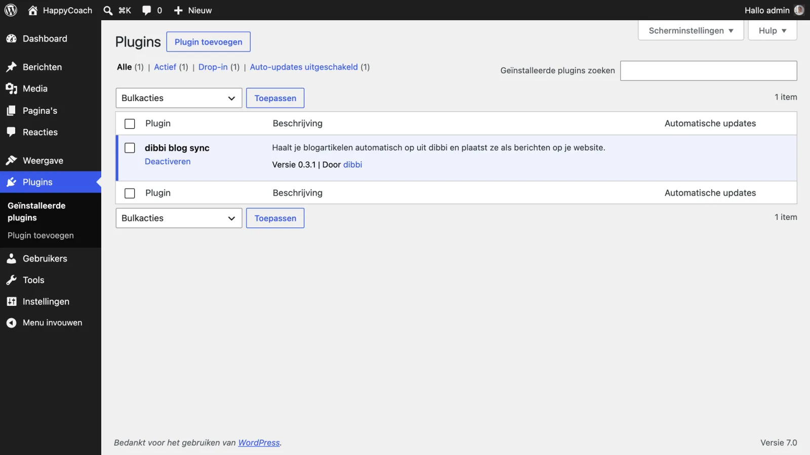 De pluginlijst in WordPress met dibbi blog sync actief