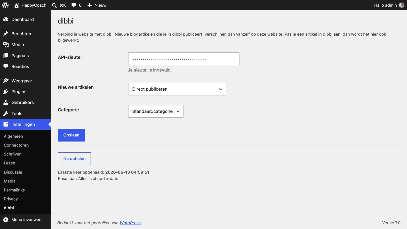 De dibbi-instelling in WordPress met de keuze Direct publiceren