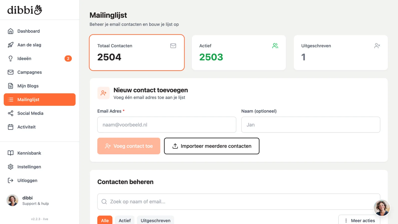 Het scherm Mailinglijst in dibbi