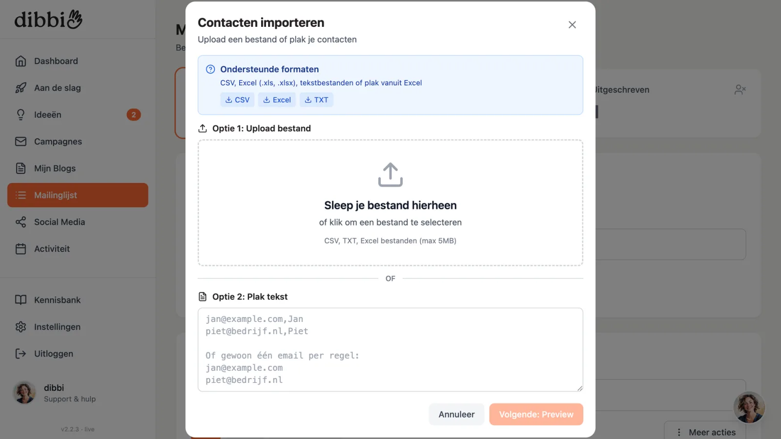 Importvenster in dibbi waar je een bestand met adressen erin sleept