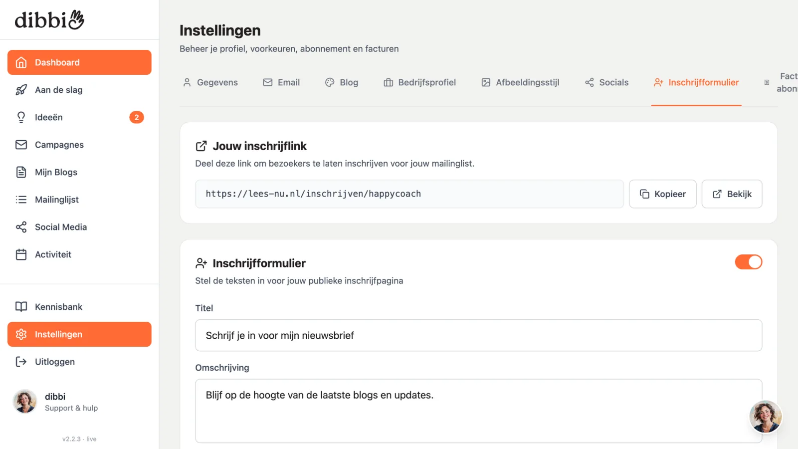 De instellingen voor de inschrijfpagina in dibbi met de deelbare link