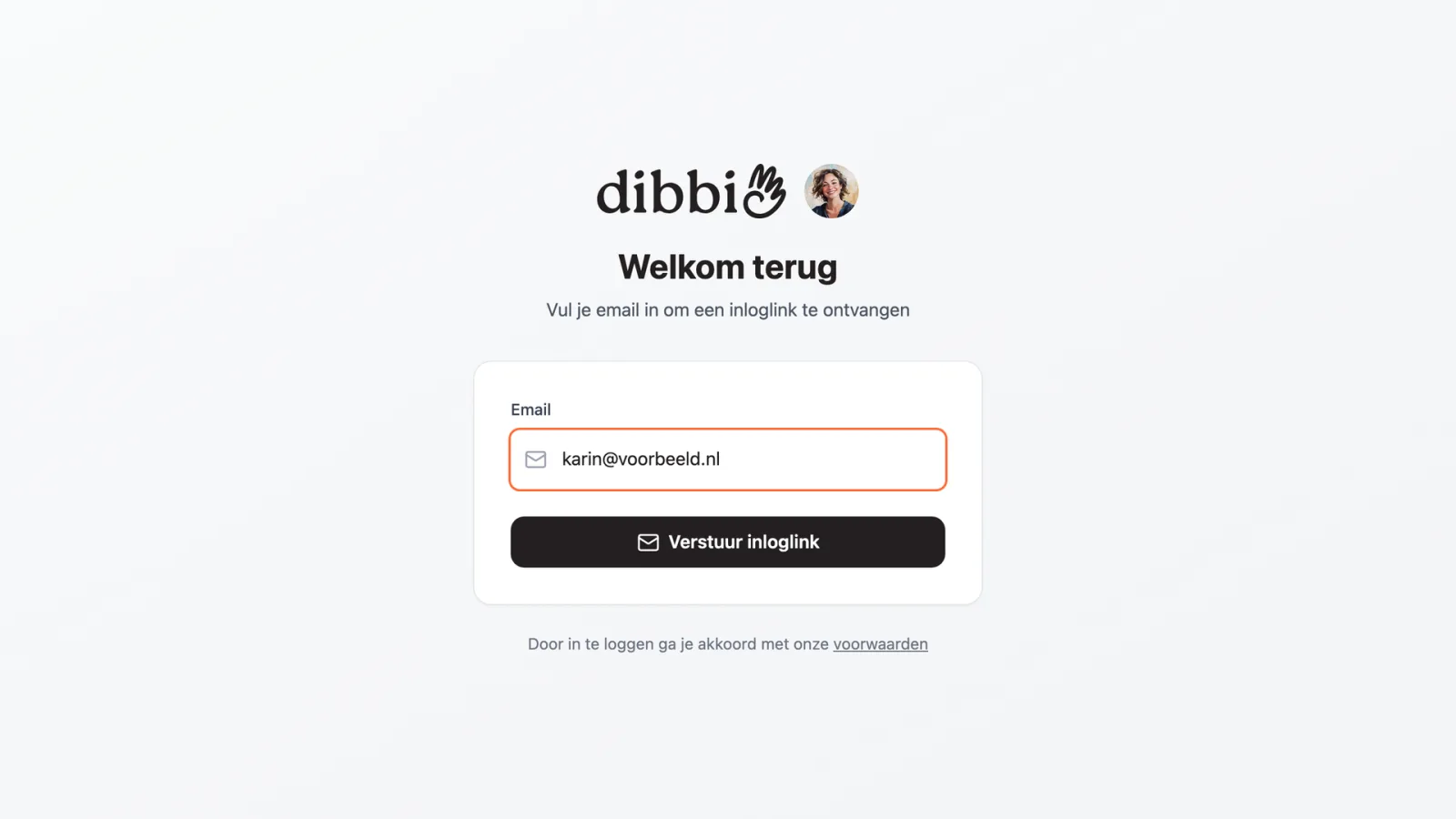 Het inlogscherm van dibbi met het e-mailveld en de knop Verstuur inloglink