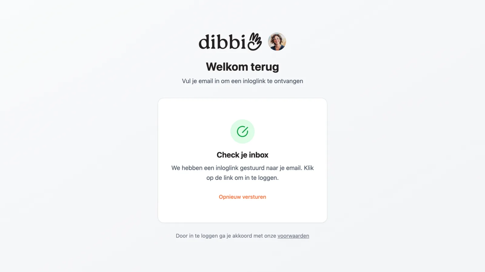De bevestiging in dibbi dat de inloglink is verstuurd