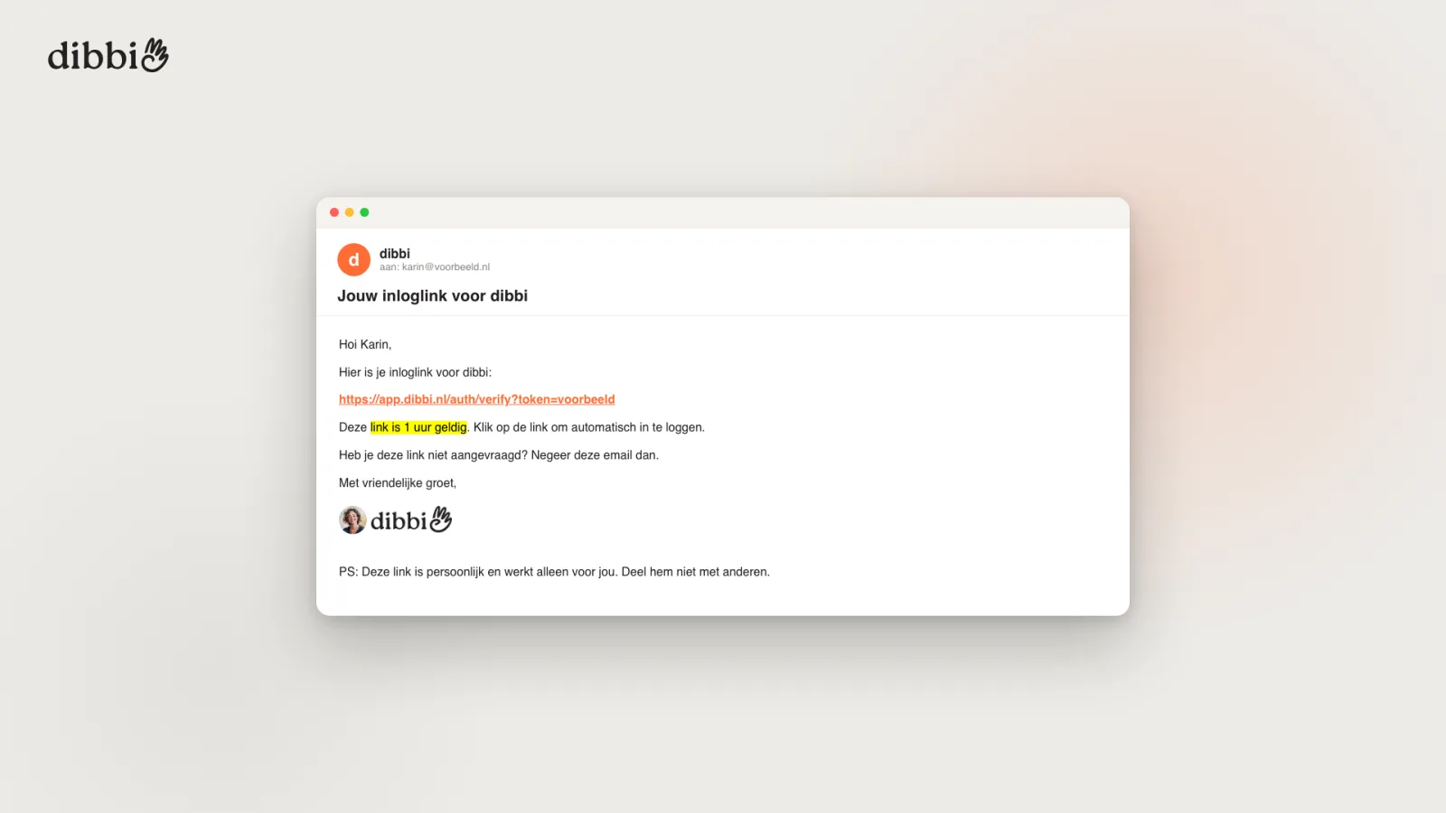 De dibbi-mail met de persoonlijke inloglink