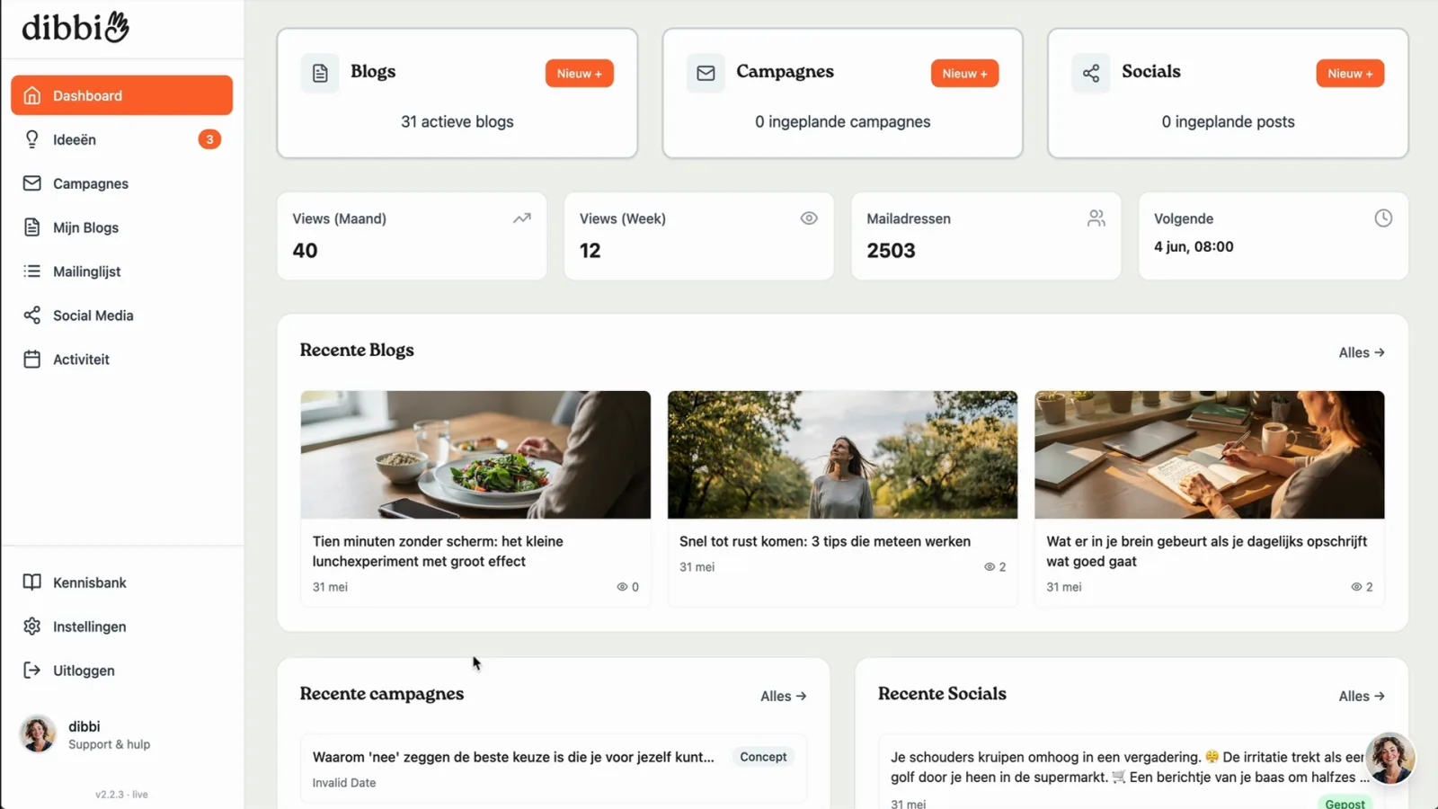 Het dashboard van dibbi met de kennisbank in de linkerbalk