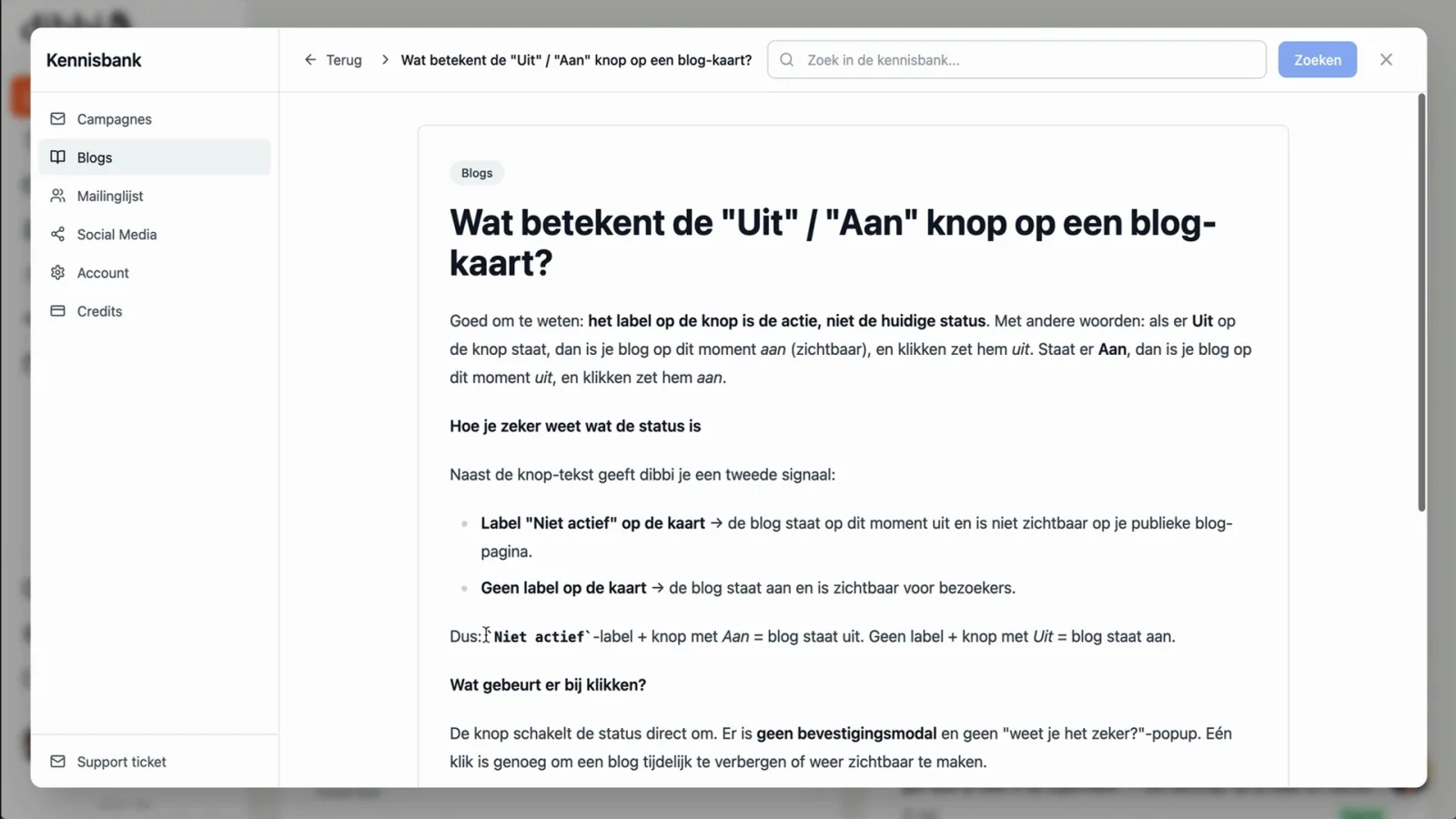 De geopende kennisbank in dibbi met de onderwerpen