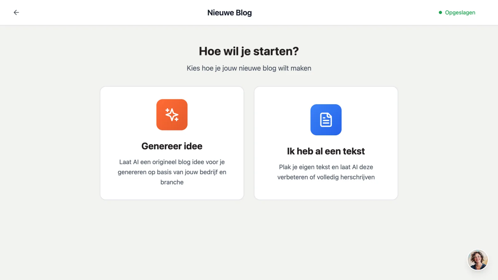Het startscherm van de blogwizard in dibbi met de knop om een idee te genereren