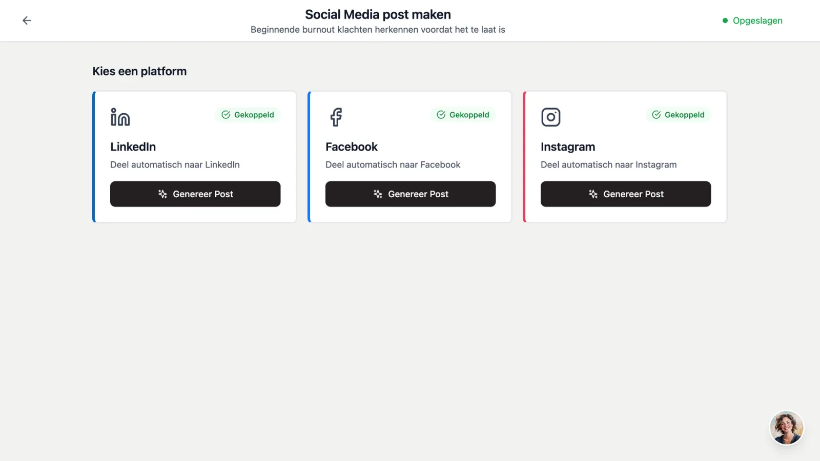 Platformkeuze in dibbi met LinkedIn, Facebook en Instagram gekoppeld